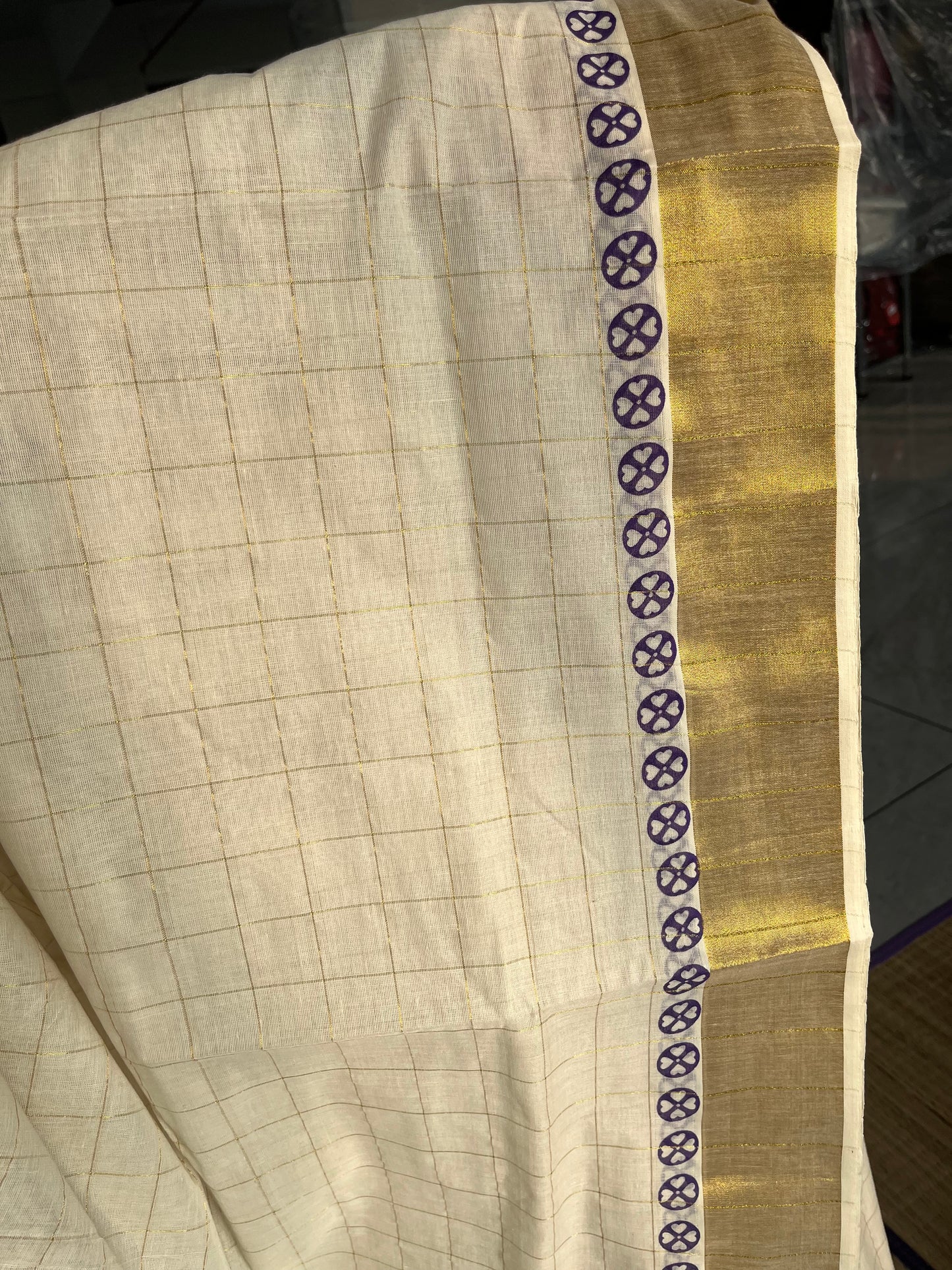 Kerala Cotton Check Printed Saree Without Tassels SL165