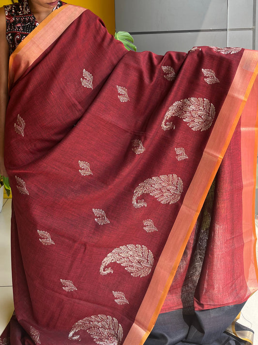 Linen Cotton Maroon Saree SL213