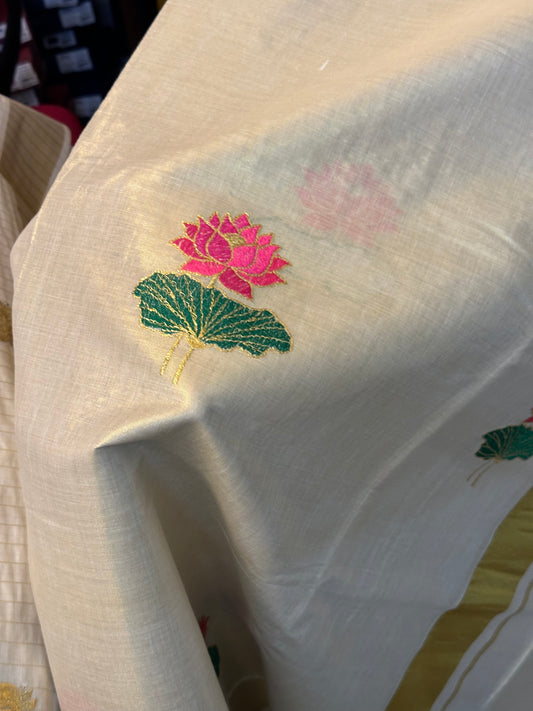 Southloom Lotus Pink and Green Embroidery Tissue Kerala Saree