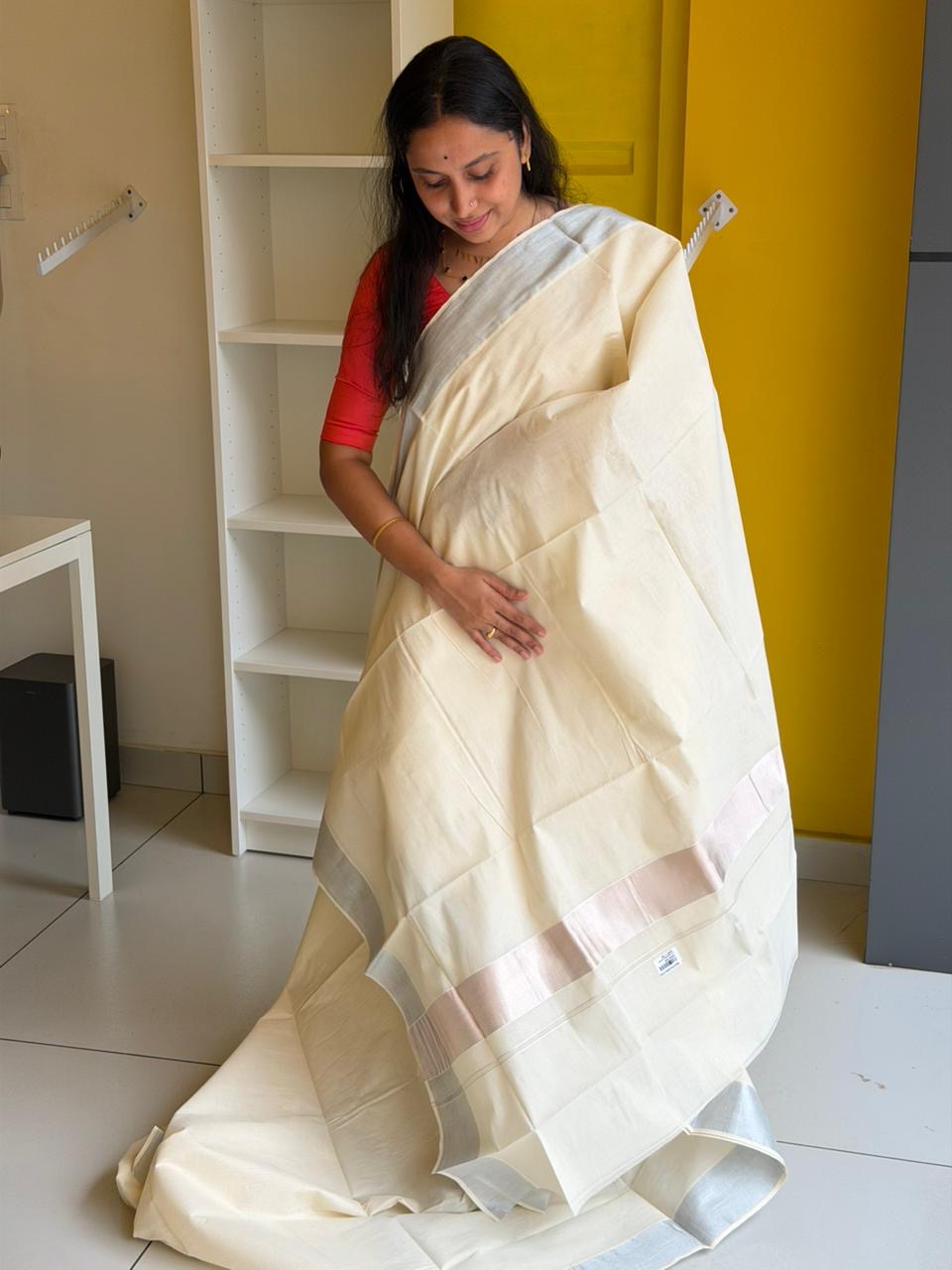 Kerala Plain Cotton Silver Kasavu 2 inch  Saree SL153