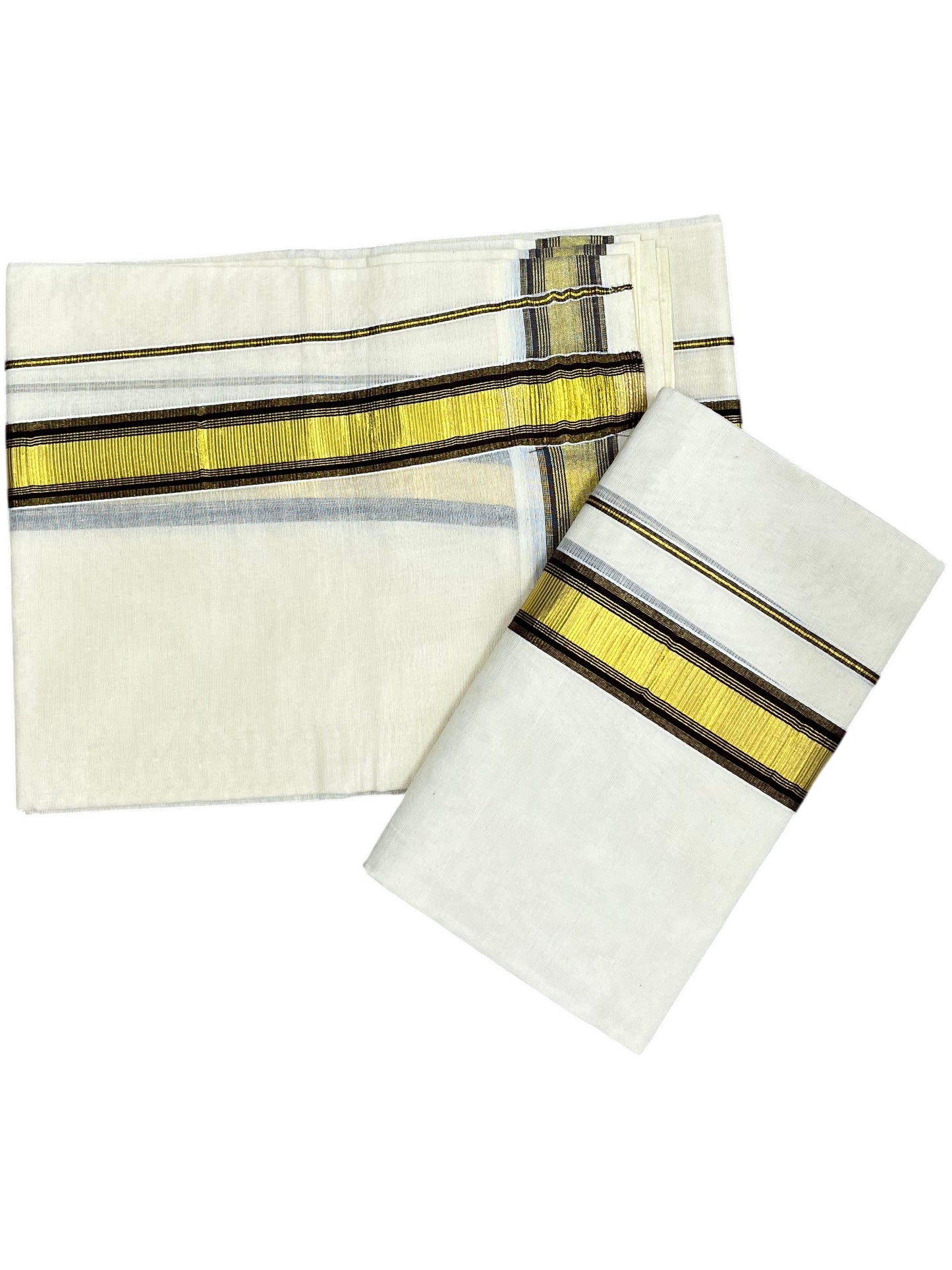 Kerala Cotton Set Mundu (Mundum Neriyathum) with Kasavu and Brown Border 2.80 Mtrs SLKK SL470