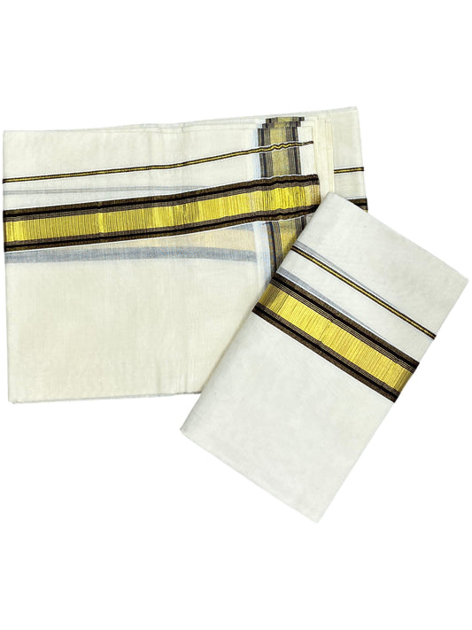 Kerala Cotton Set Mundu (Mundum Neriyathum) with Kasavu and Brown Border 2.80 Mtrs SLKK SL470