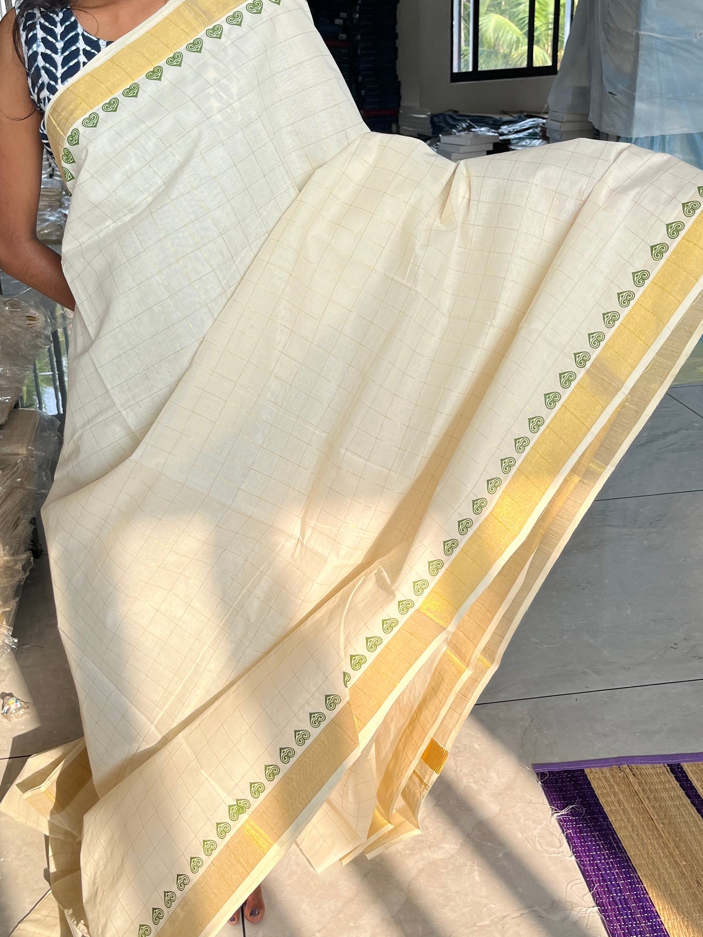 Kerala Cotton Check Printed Saree Without Tassels SL165