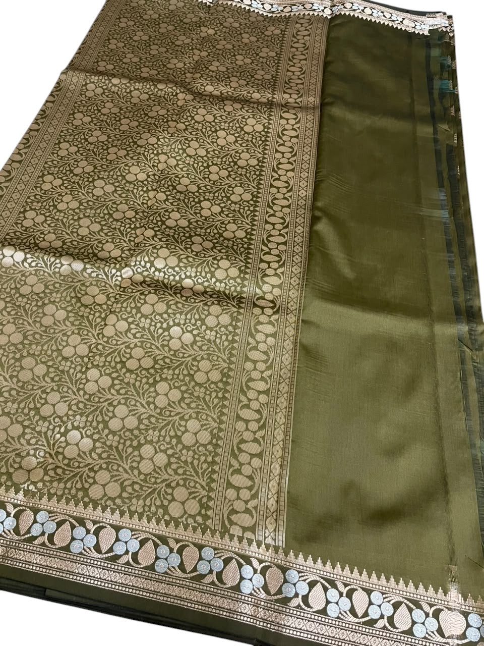Southloom Satin Banarasi Silk Saree with Woven Work on Body and Borders In Olive Green