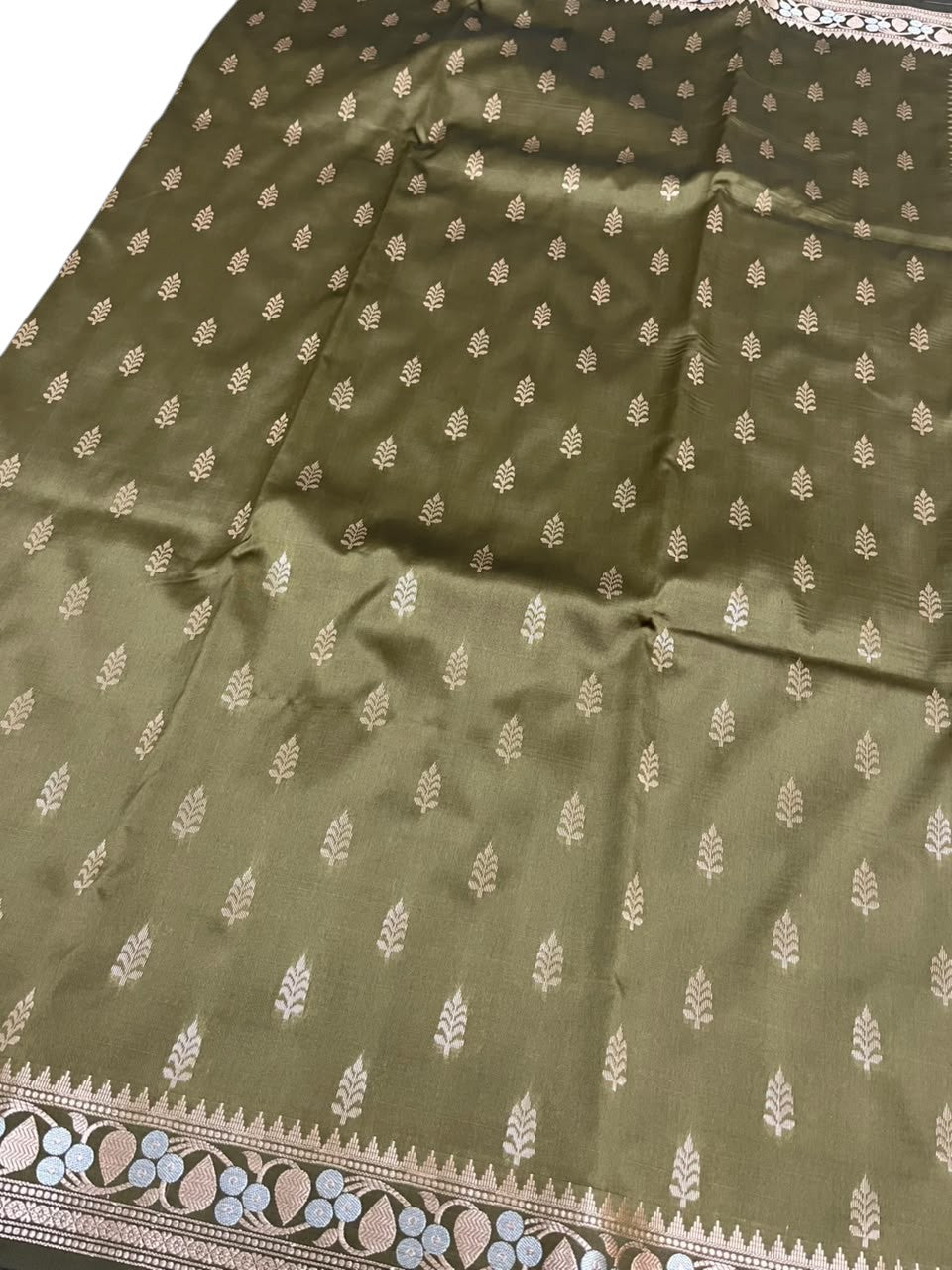 Southloom Satin Banarasi Silk Saree with Woven Work on Body and Borders In Olive Green