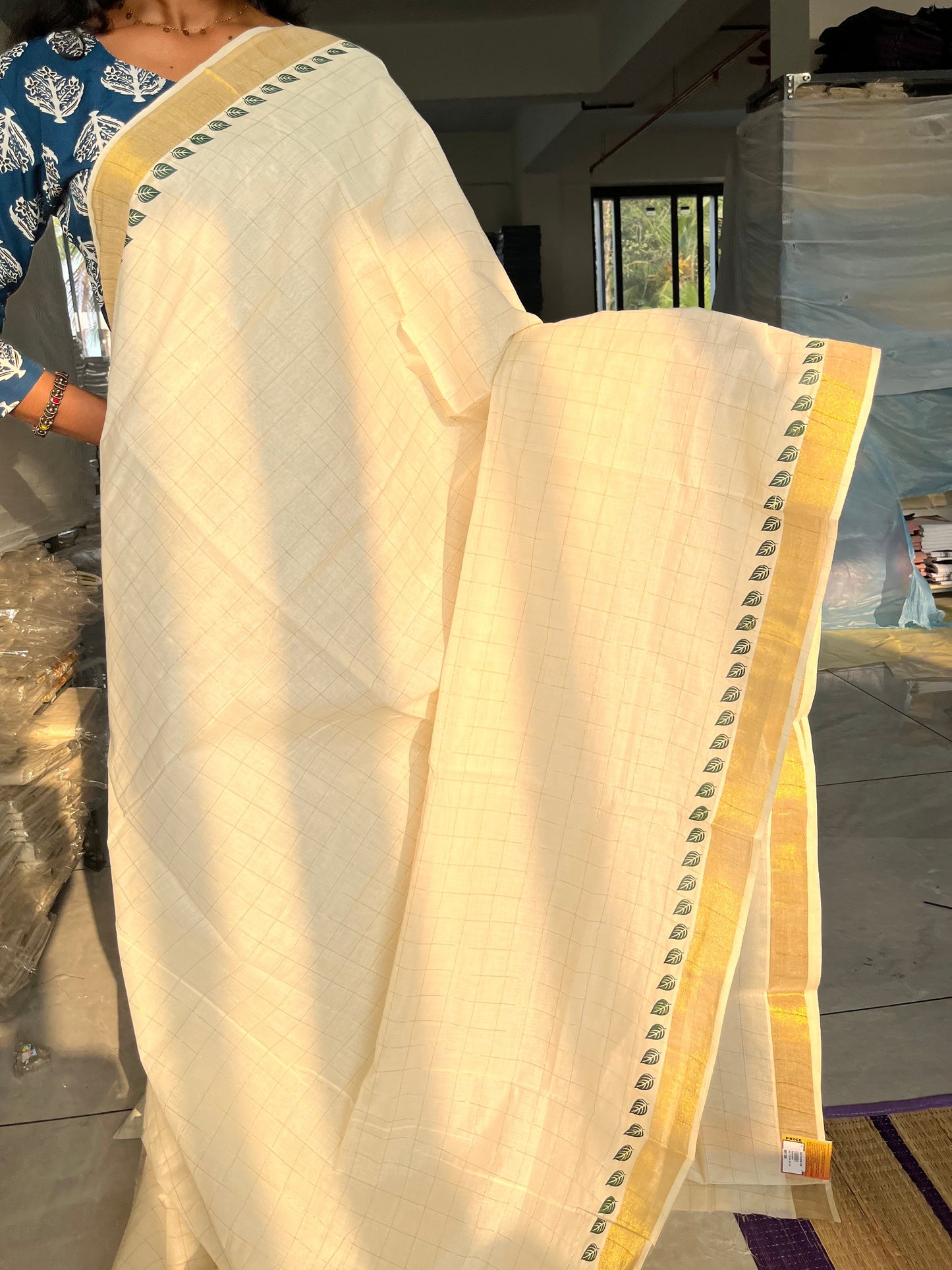 Kerala Cotton Check Printed Saree Without Tassels SL165