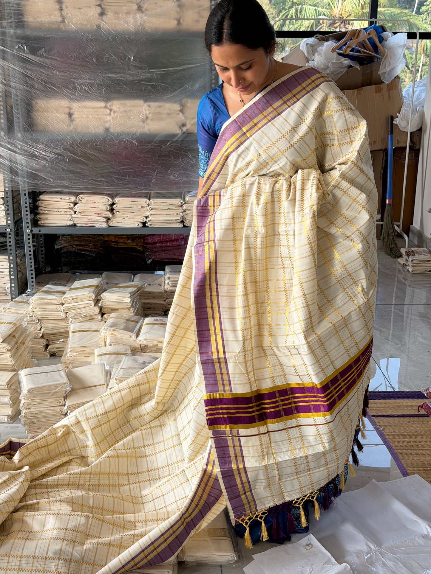 Cotton Check Purple Saree SL141