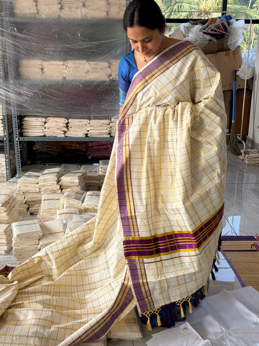 Cotton Check Purple Saree SL141