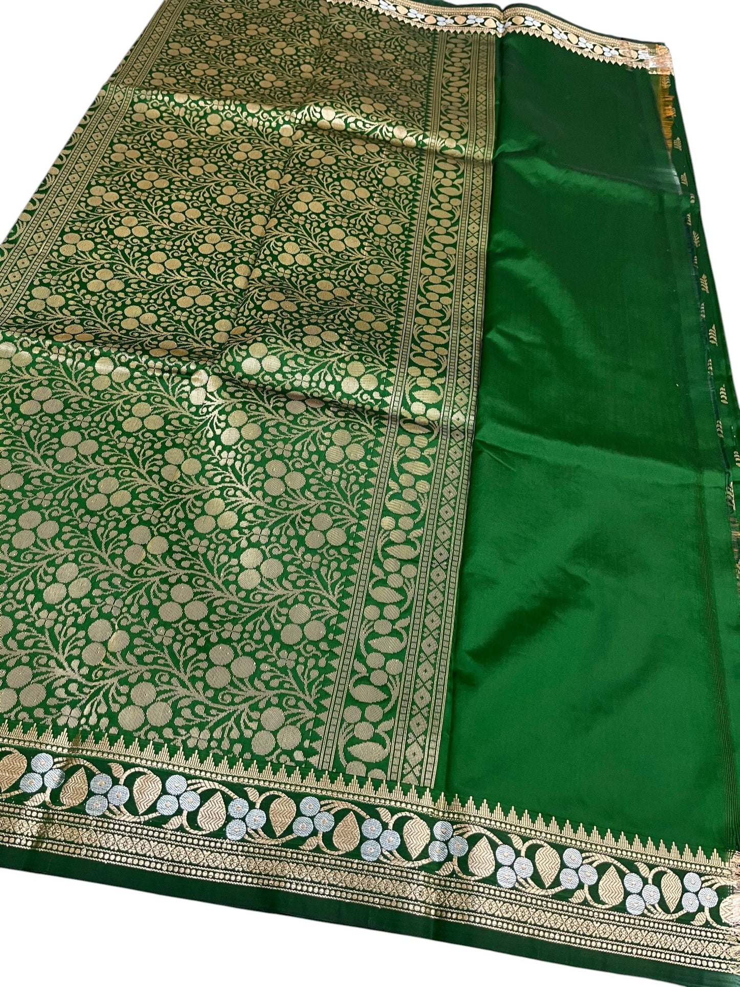 Southloom Satin Banarasi Silk Saree with Woven Work on Body and Borders In Green