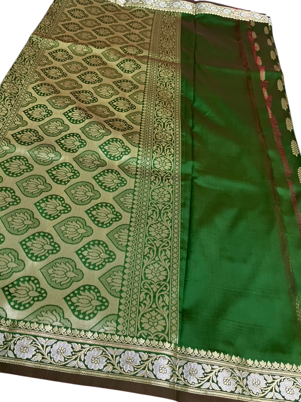 Southloom Satin Banarasi Silk Saree with Woven Work on Body and Borders In Green