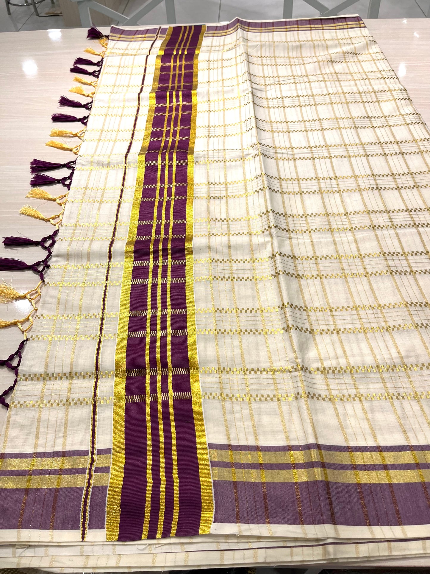 Cotton Check Purple Saree SL141
