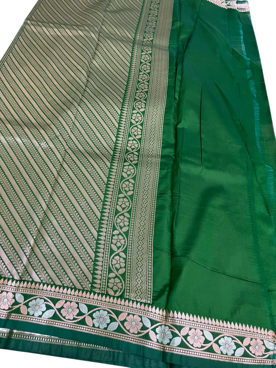 Southloom Satin Banarasi Silk Saree with Woven Work on Body and Borders In Green