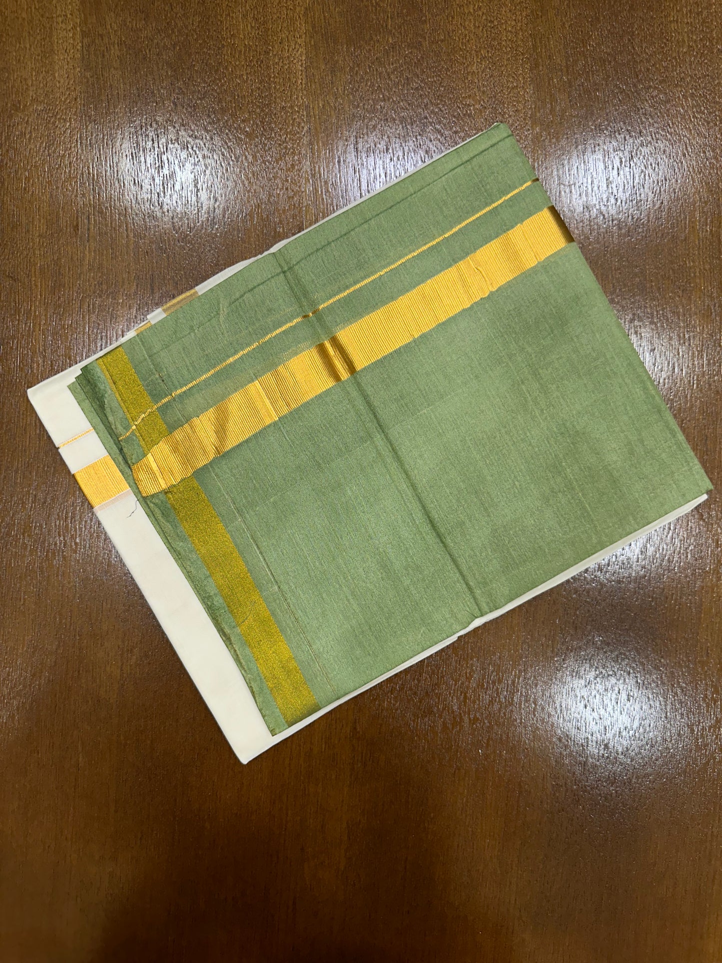 Southloom Tie & Dye - Half & Half  Multi Colour Olive Green Design Cotton Kerala Double Mundu with Kasavu Border (South Indian Kerala Dhoti)