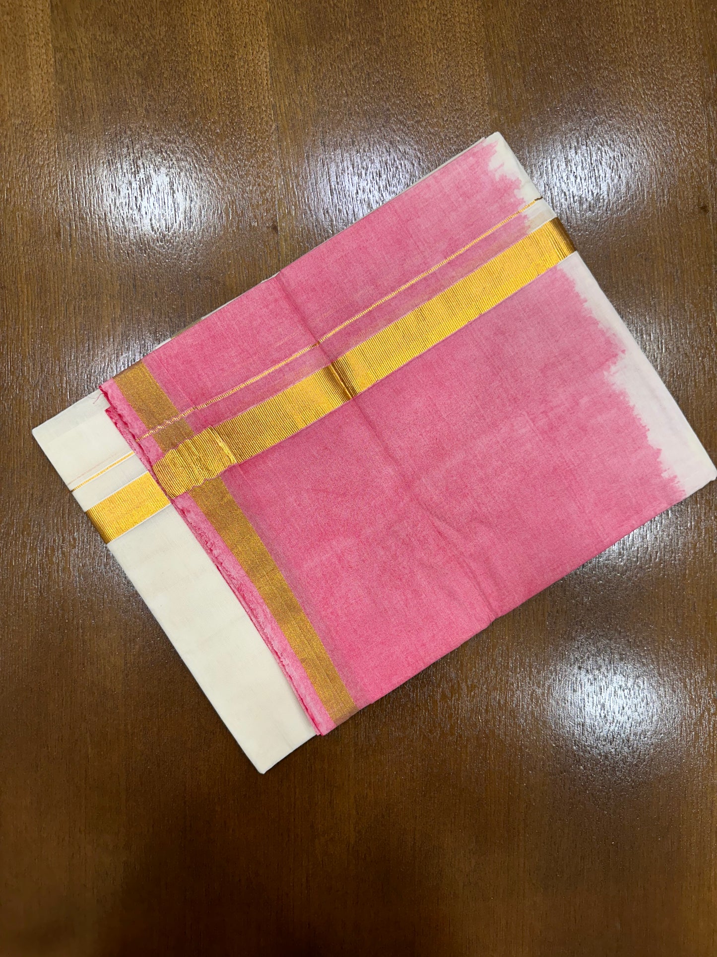 Southloom Tie & Dye - Half & Half  Multi Colour Pink Design Cotton Kerala Double Mundu with Kasavu Border (South Indian Kerala Dhoti)