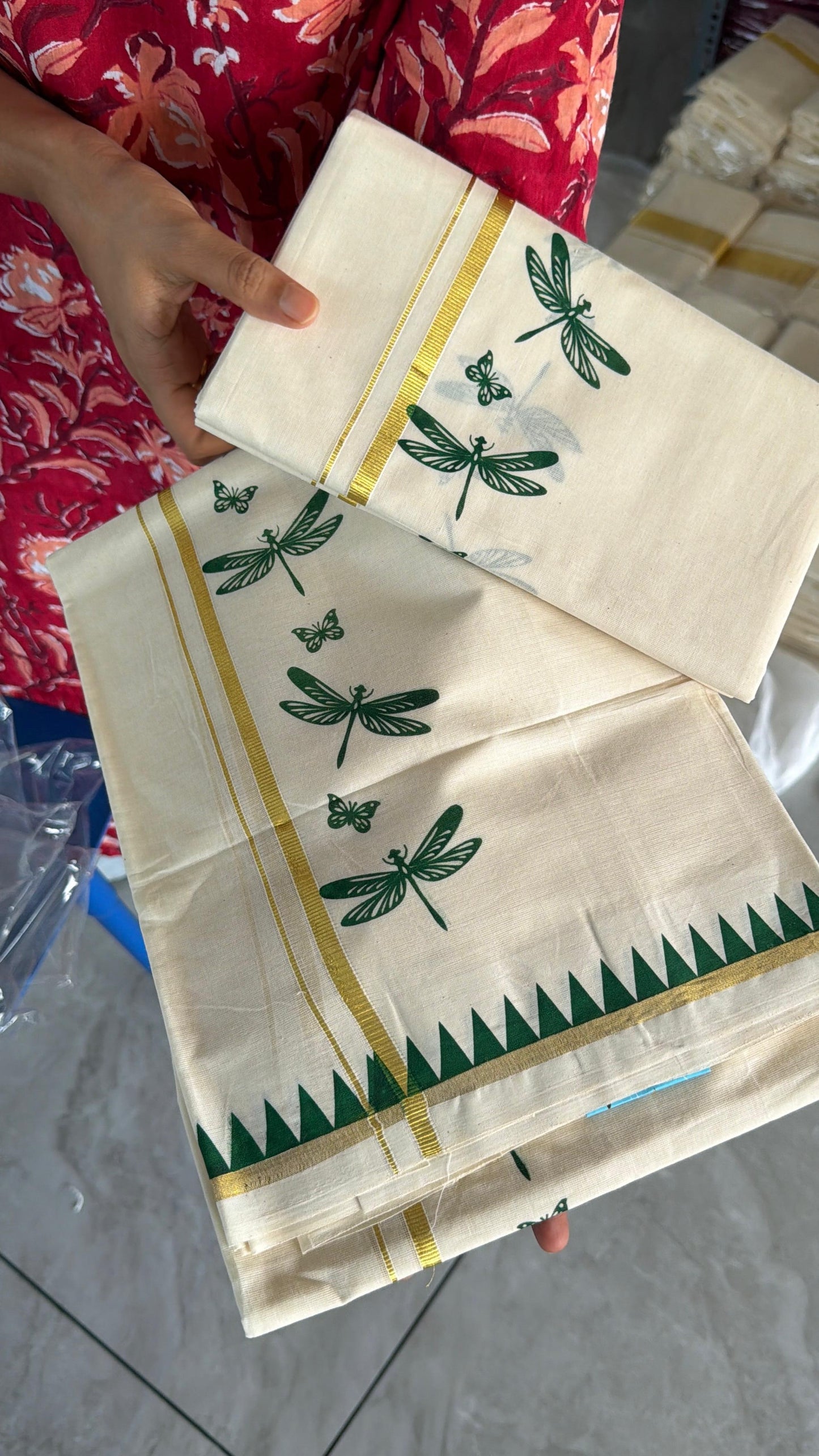 Cotton Thumbi Temple Print Set Mundu SL151 (2.80 Neriyathu)