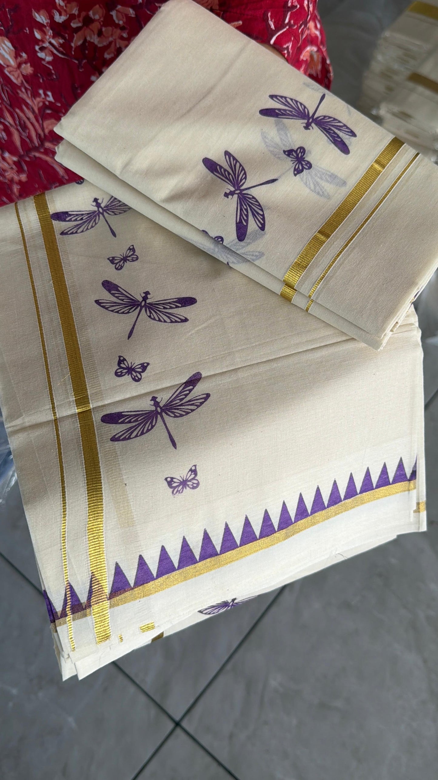 Cotton Thumbi Temple Print Set Mundu SL151 (2.80 Neriyathu)