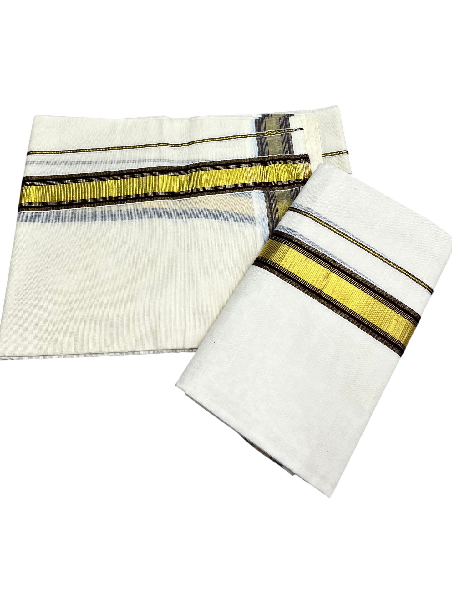 Kerala Cotton Set Mundu (Mundum Neriyathum) with Kasavu and Brown Border 2.80 Mtrs SLKK SL470