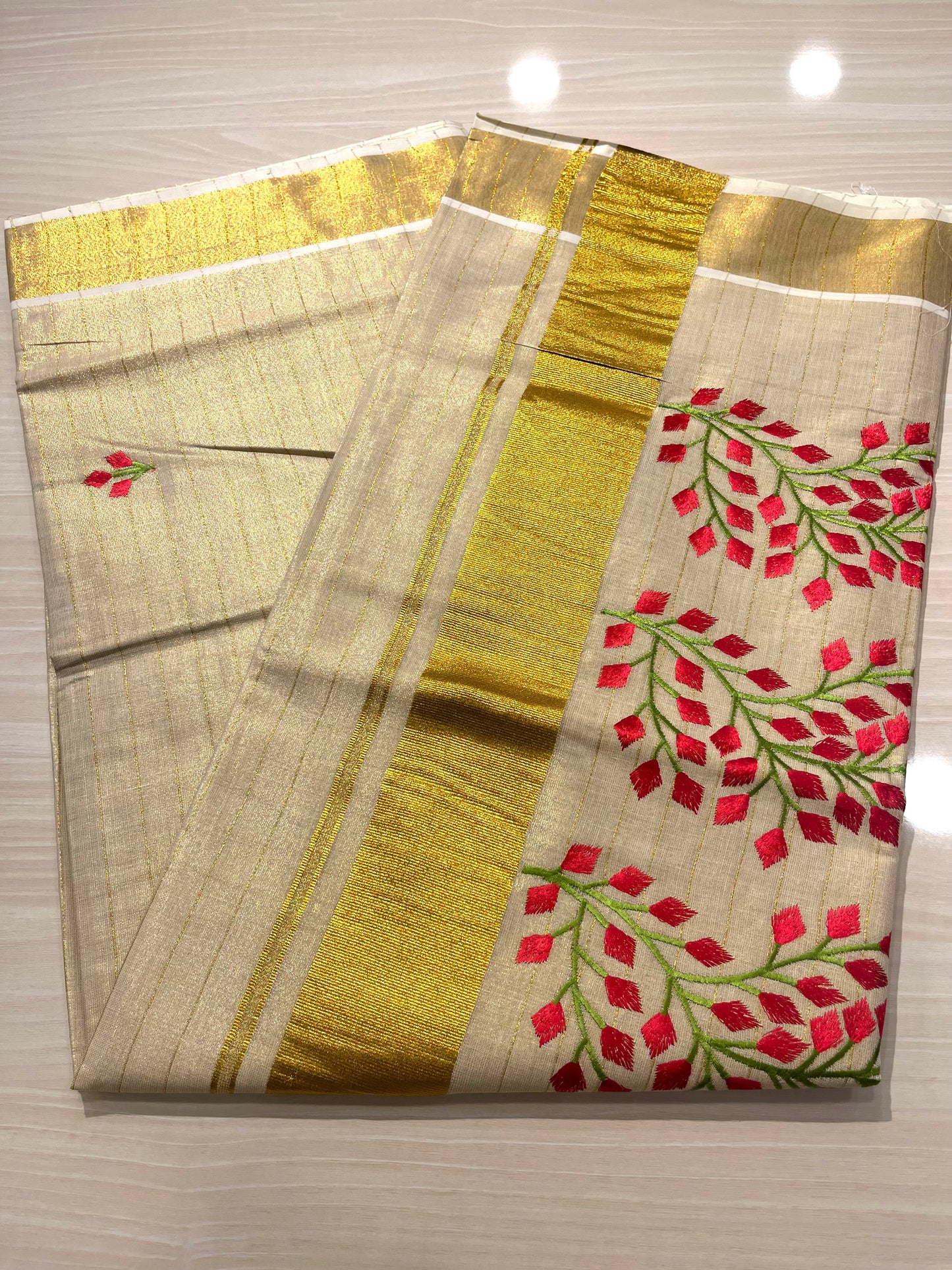 Kerala Tissue Saree With Red & Green Embroidery SL145