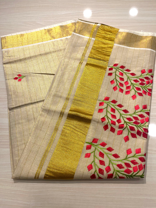 Kerala Tissue Saree With Red & Green Embroidery SL145