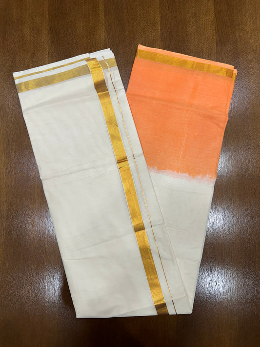 Southloom Tie & Dye - Half & Half  Multi Colour Orange Design Cotton Kerala Double Mundu with Kasavu Border (South Indian Kerala Dhoti)