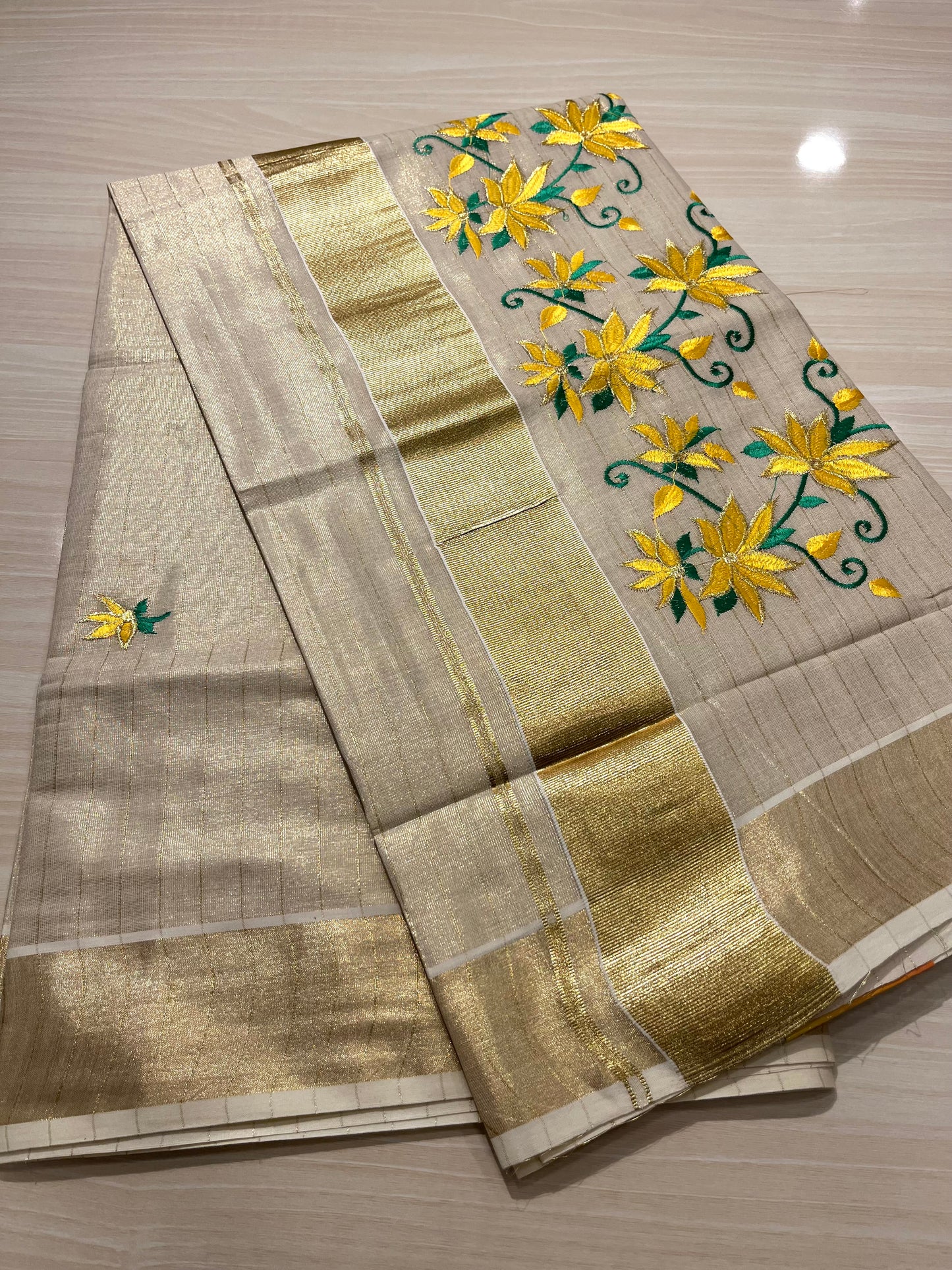 Kerala Tissue Saree With Yellow Floral  Embroidery SL144