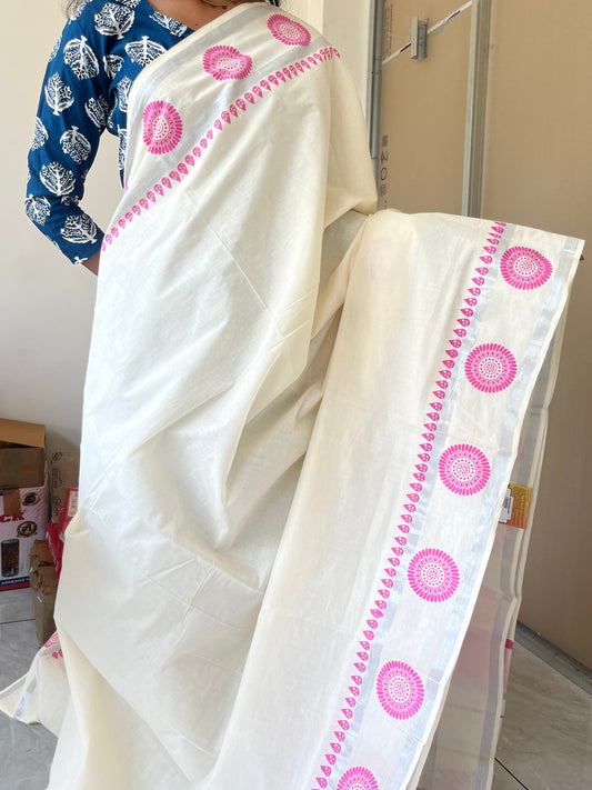 Kerala Cotton Pink Printed Saree SL178