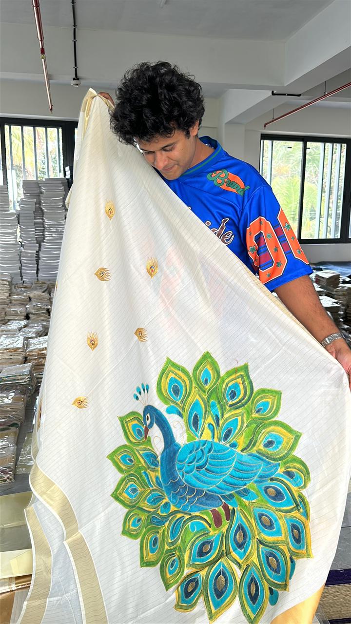 Kerala Cotton Lines Saree With Green & Blue Peacock Design SL161