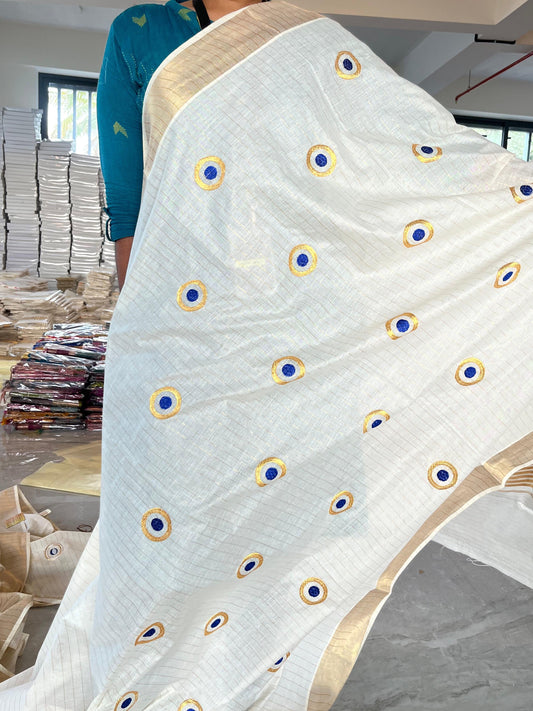 Kerala Cotton Lines Saree With Blue Polka SL162