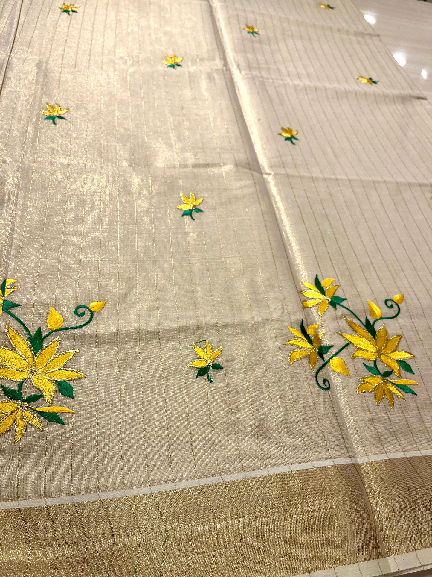 Kerala Tissue Saree With Yellow Floral  Embroidery SL144