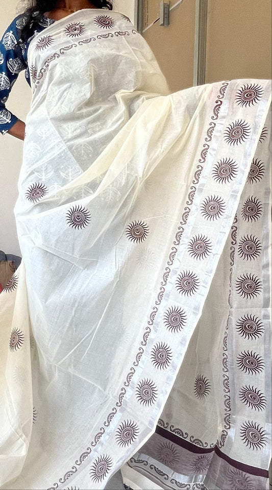 Kerala Cotton Brown Printed Saree SL178