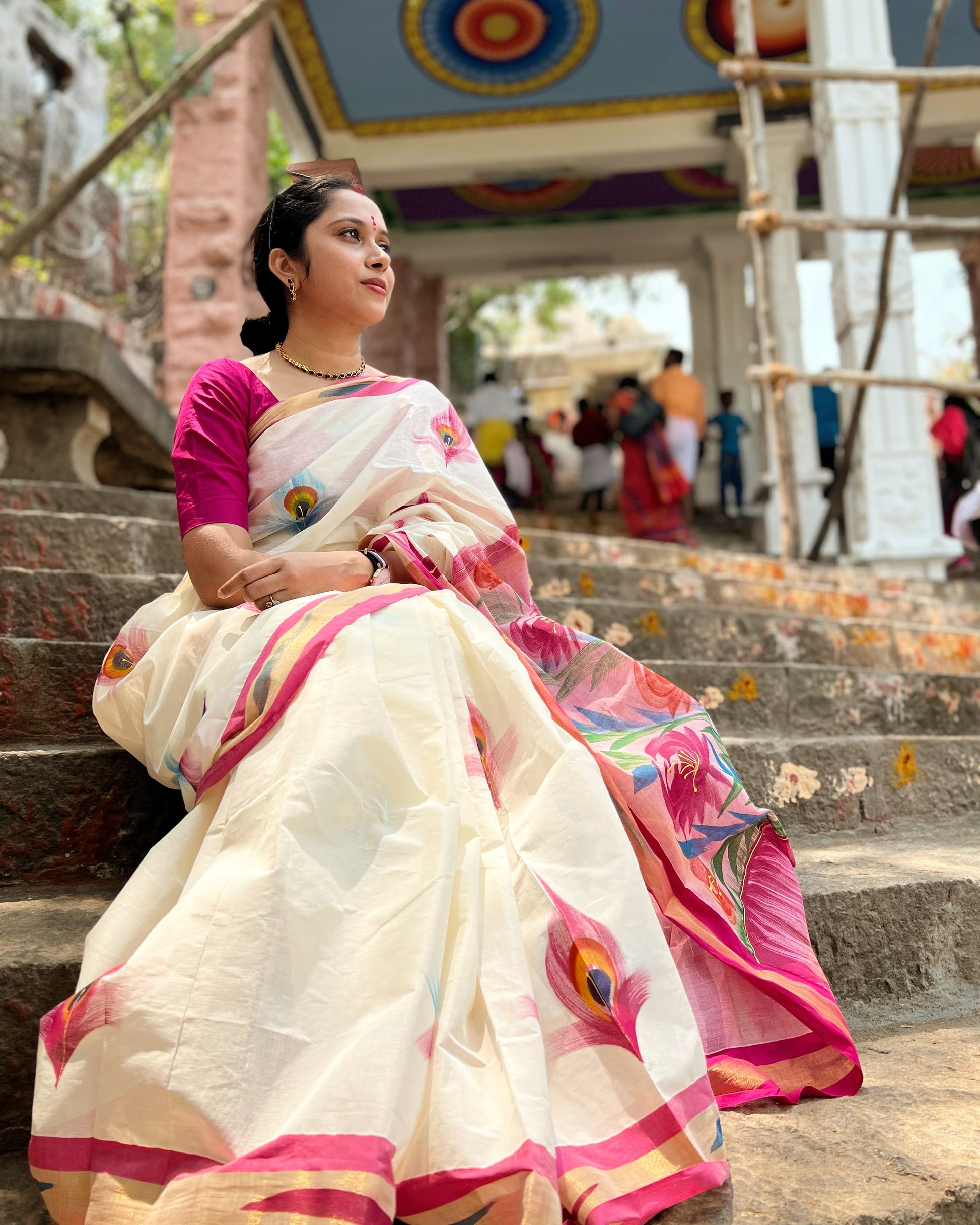 Traditional Half Saree Kerala Style With Bead Work Embroidery Blouse