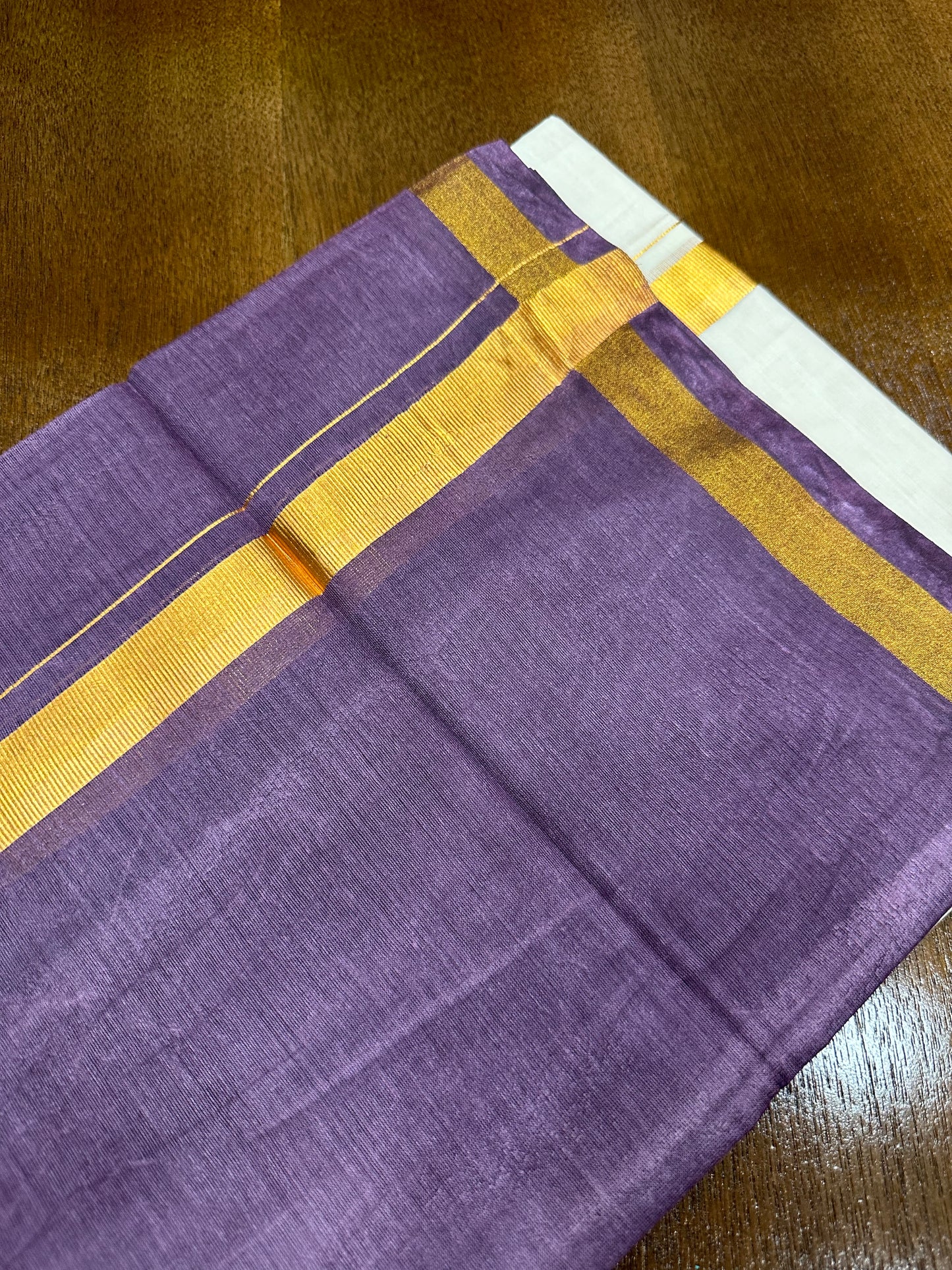 Southloom Tie & Dye - Half & Half  Multi Colour Purple Design Cotton Kerala Double Mundu with Kasavu Border (South Indian Kerala Dhoti)