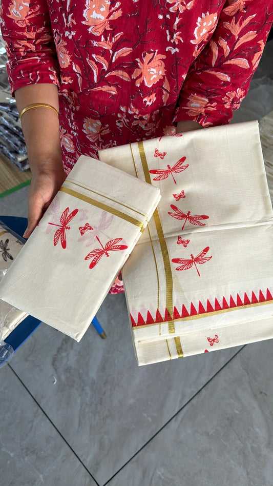 Cotton Thumbi Temple Print Set Mundu SL154 (2.80 Neriyathu)