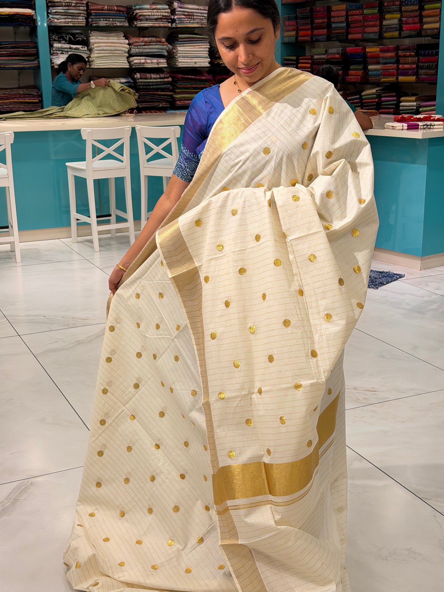 Kerala Cotton Lines Golden Polka Saree SL129
