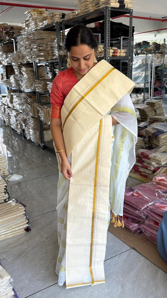 Kerala Cotton Gold Kasavu Puliyilakara Set Mundu SL164 (0.25 inch)
