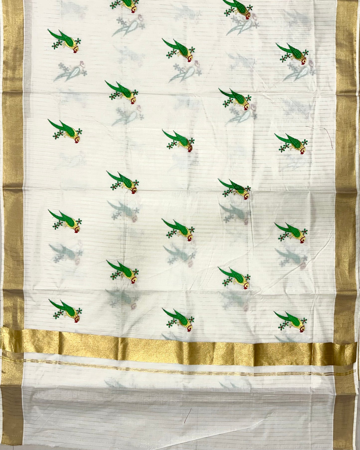 Southlooom Parrot Embroidery Kasavu Kerala Saree with Lines Across Body 🦜