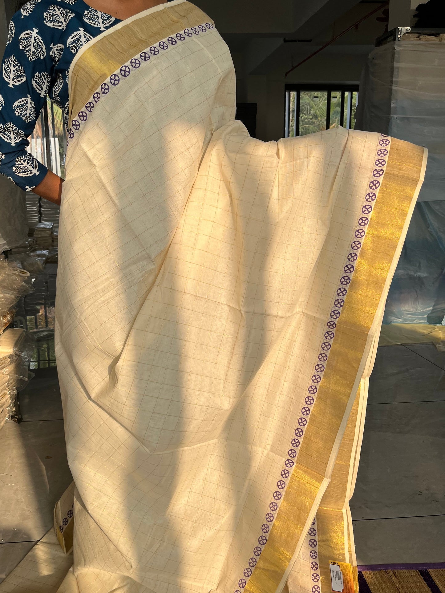 Kerala Cotton Check Printed Saree Without Tassels SL165