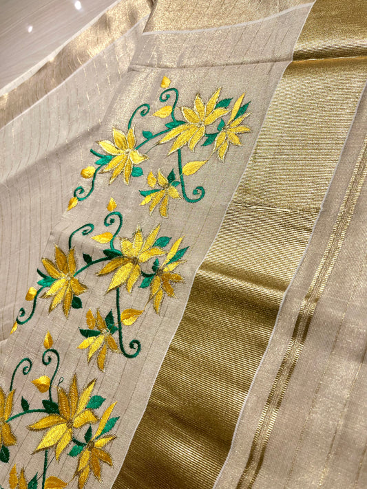 Kerala Tissue Saree With Yellow Floral  Embroidery SL144