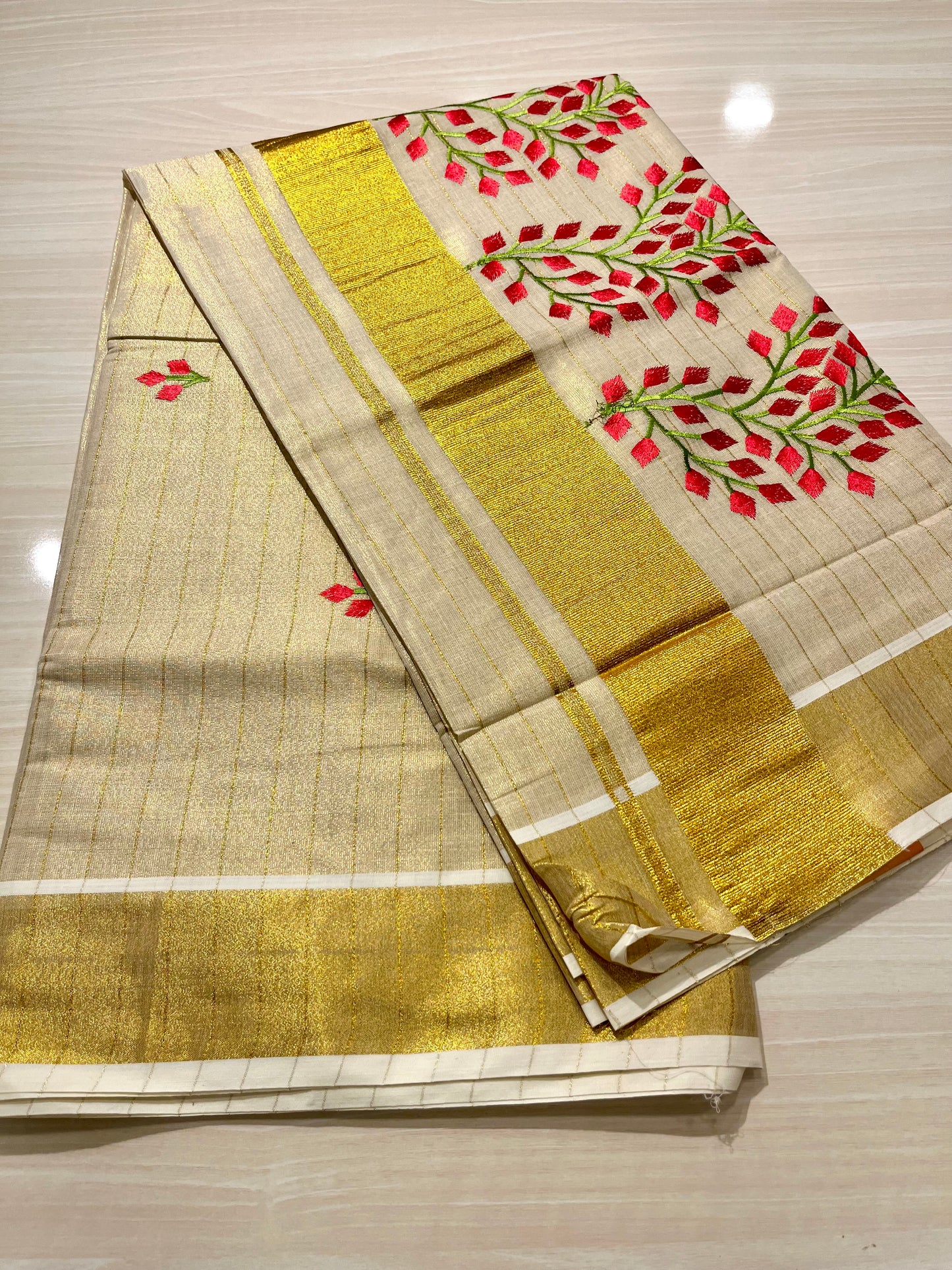 Kerala Tissue Saree With Red & Green Embroidery SL145