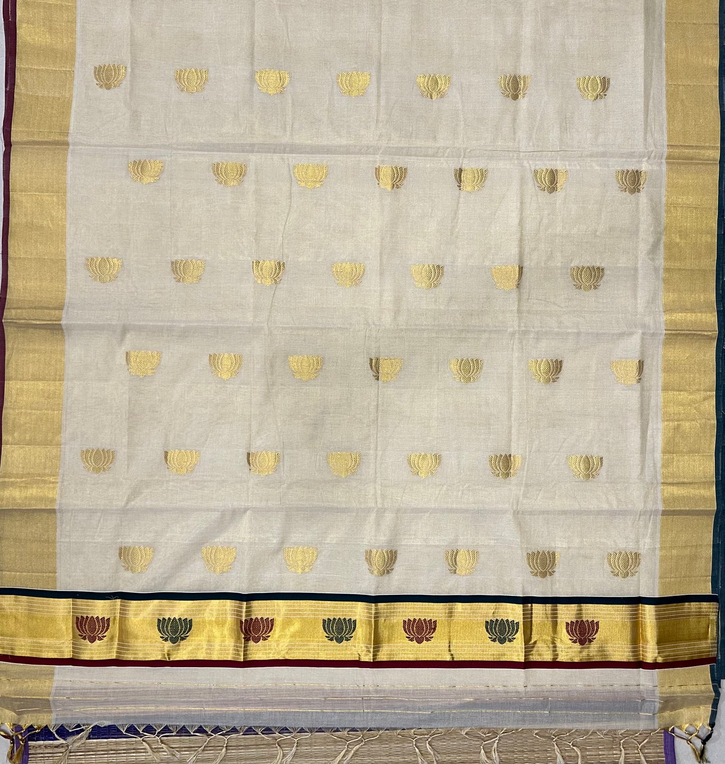 Southloom Premium Handloom Tissue Kasavu Saree with Green, Gold and Maroon Lotus Woven Designs