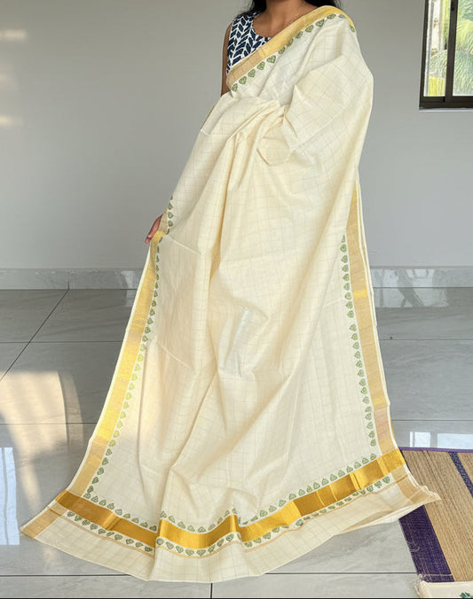 Kerala Cotton Check Printed Saree Without Tassels SL165