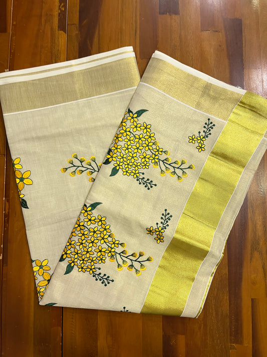 Southloom Tissue Cotton Kerala Kasavu Saree with Floral Embroidery on Body