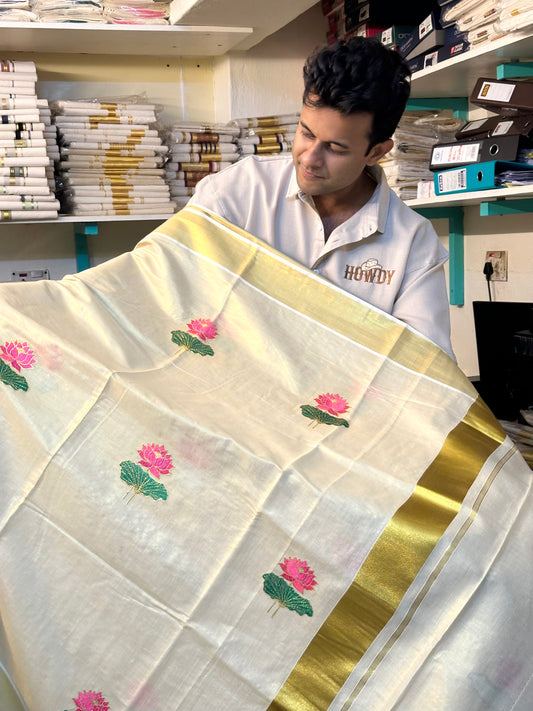 Southloom Lotus Pink and Green Embroidery Tissue Kerala Saree