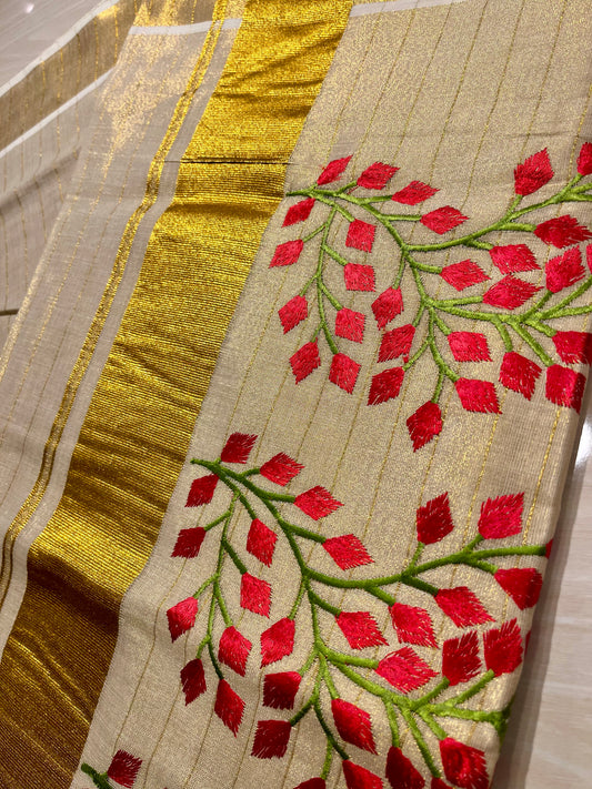 Kerala Tissue Saree With Red & Green Embroidery SL145