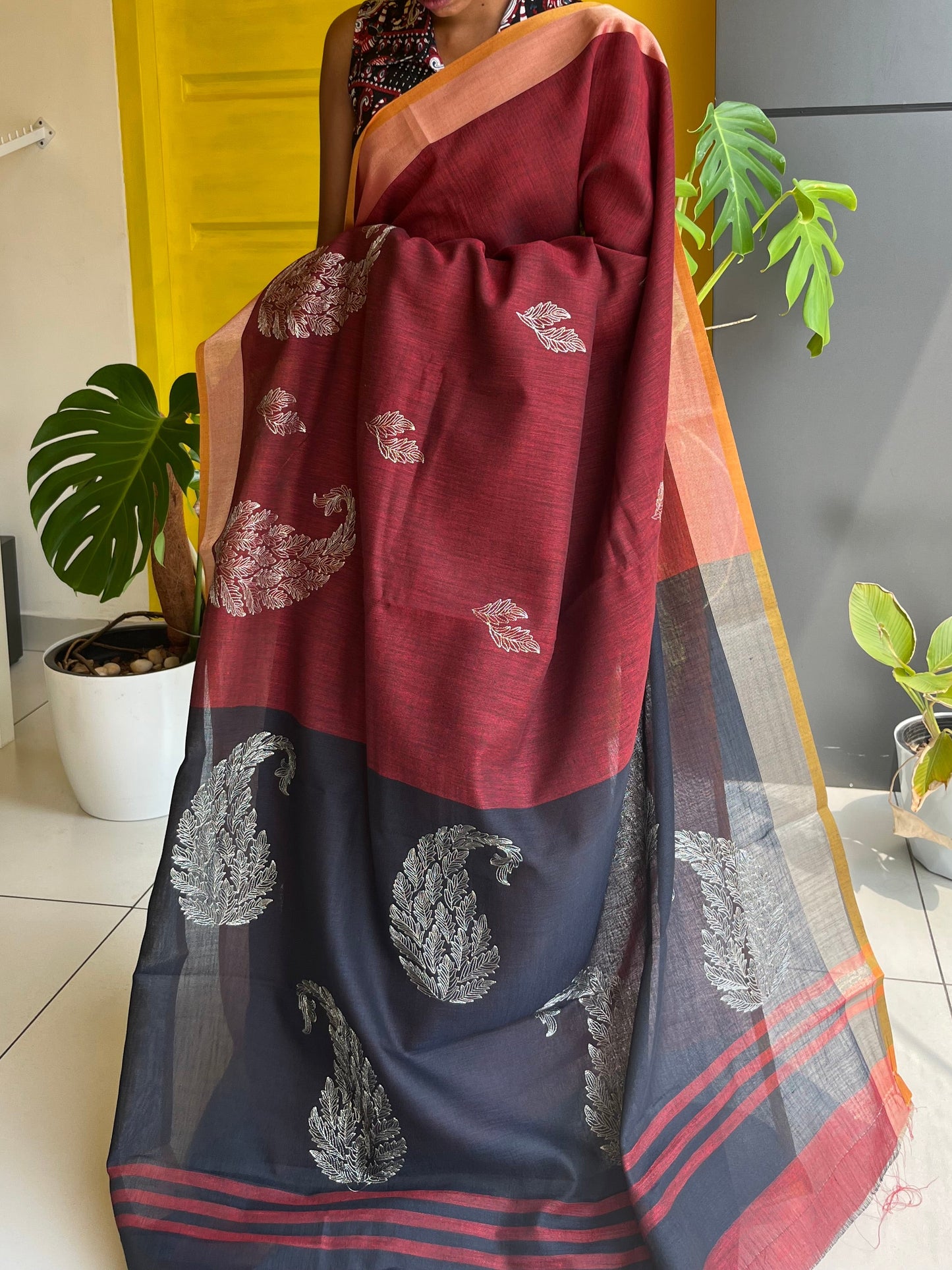 Linen Cotton Maroon Saree SL213