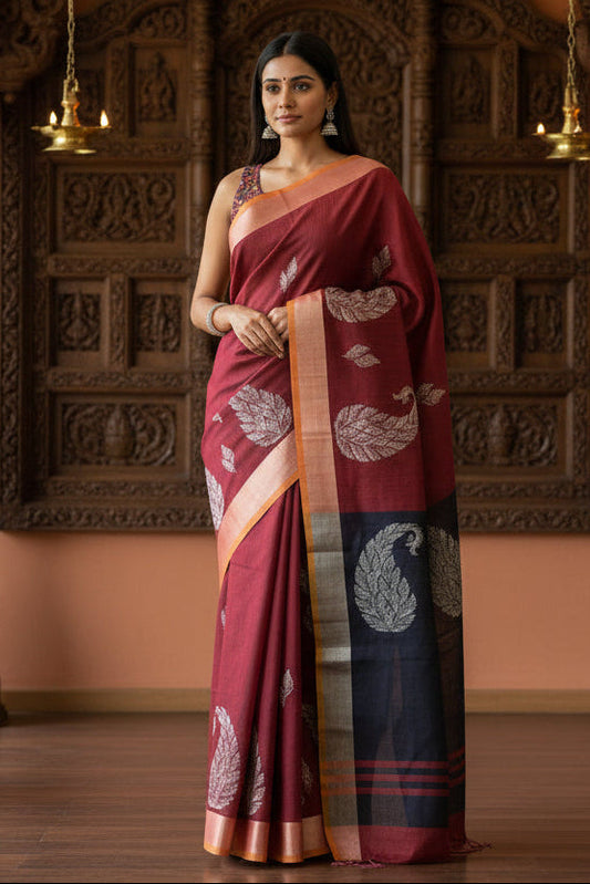 Linen Cotton Maroon Saree SL213