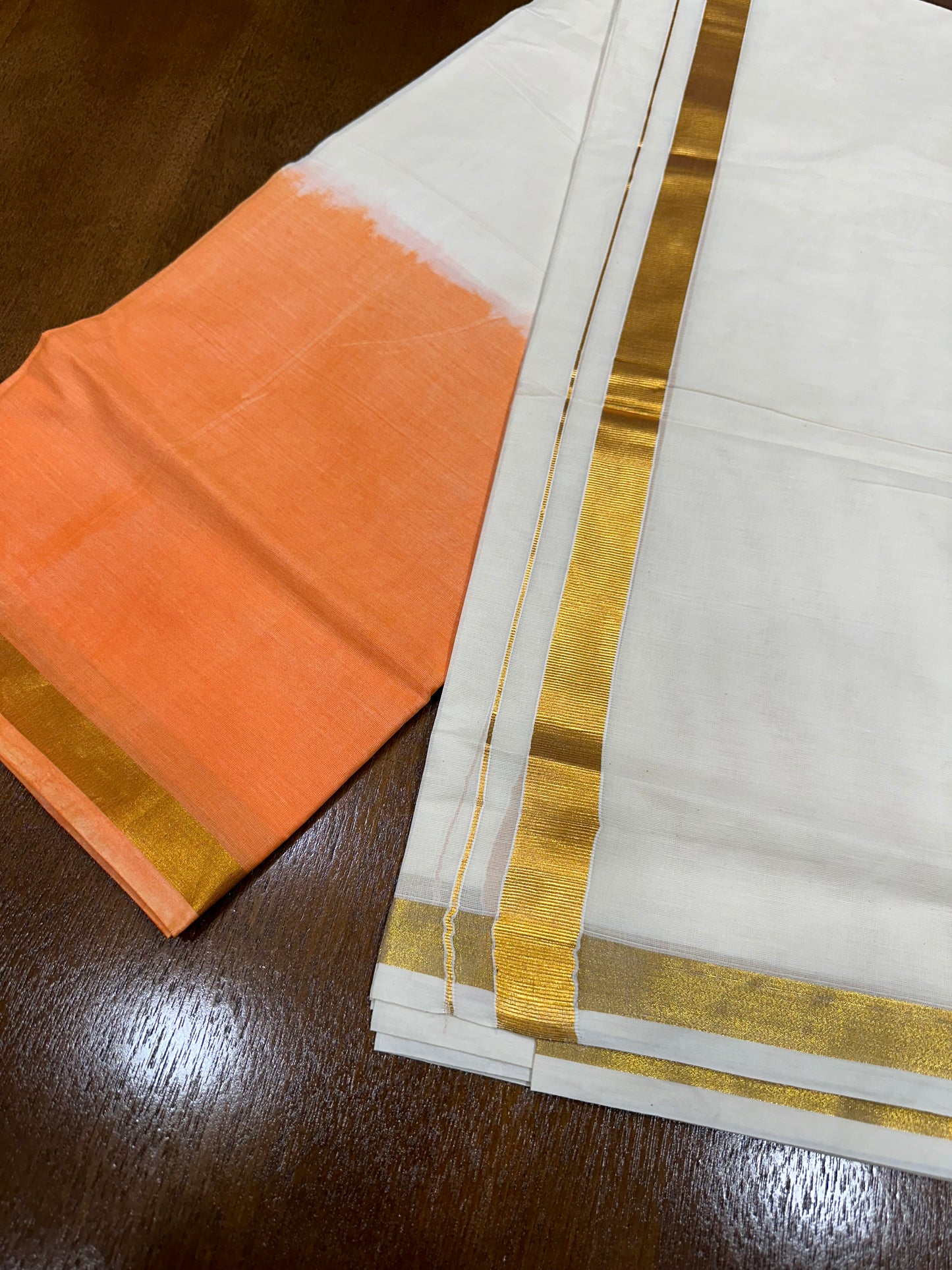 Southloom Tie & Dye - Half & Half  Multi Colour Orange Design Cotton Kerala Double Mundu with Kasavu Border (South Indian Kerala Dhoti)