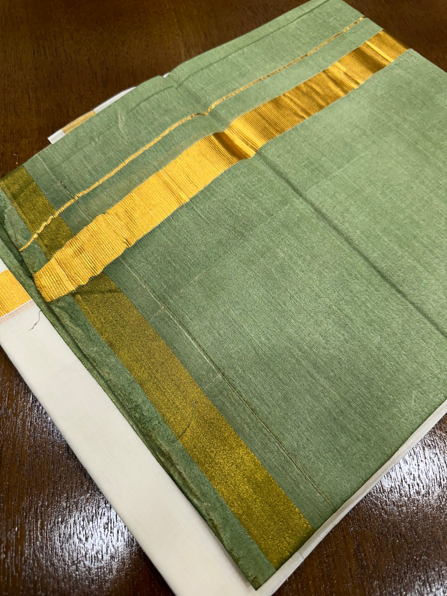 Southloom Tie & Dye - Half & Half  Multi Colour Olive Green Design Cotton Kerala Double Mundu with Kasavu Border (South Indian Kerala Dhoti)