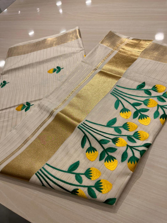 Yellow Floral Cotton Lines Kerala Saree SL124