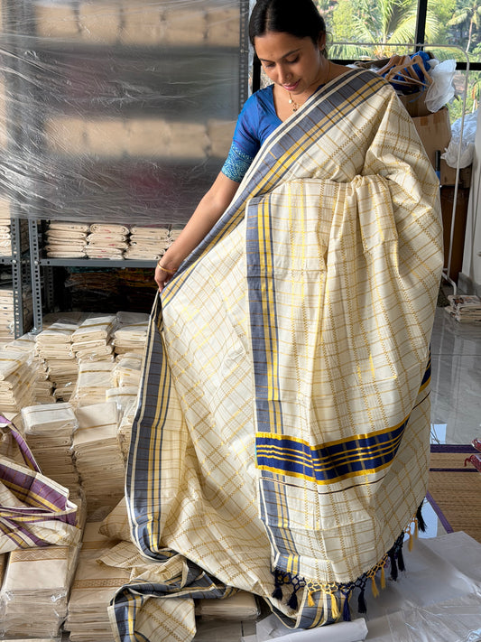 Cotton Check Blue Saree SL143